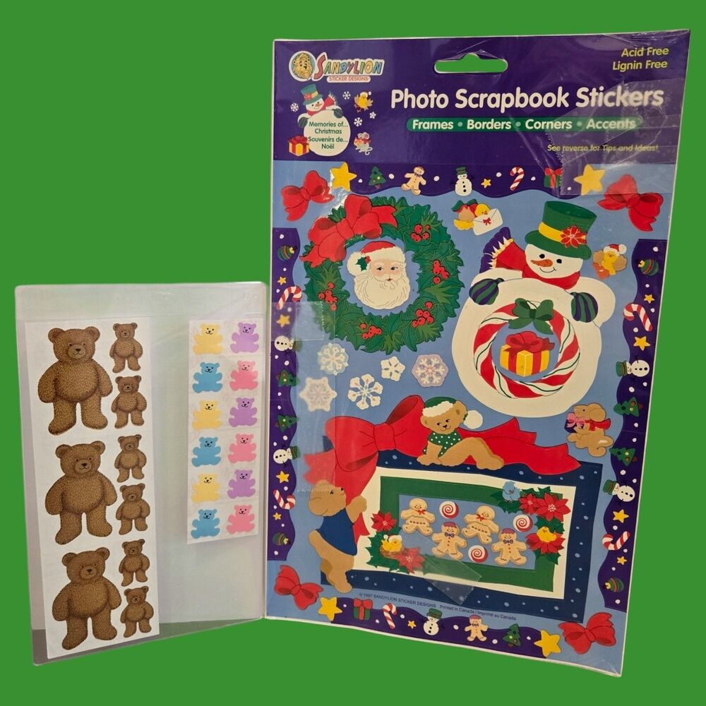 Vintage 1980s SandyLion Brown & Mini Pastel Teddy Bears, 1997 Christmas Stickers